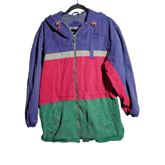 VTG Color Block Canvas Jacket Mens M Blue Red Green Full Zip‎ Hood Retro 80s 90s - Picture 1 of 8